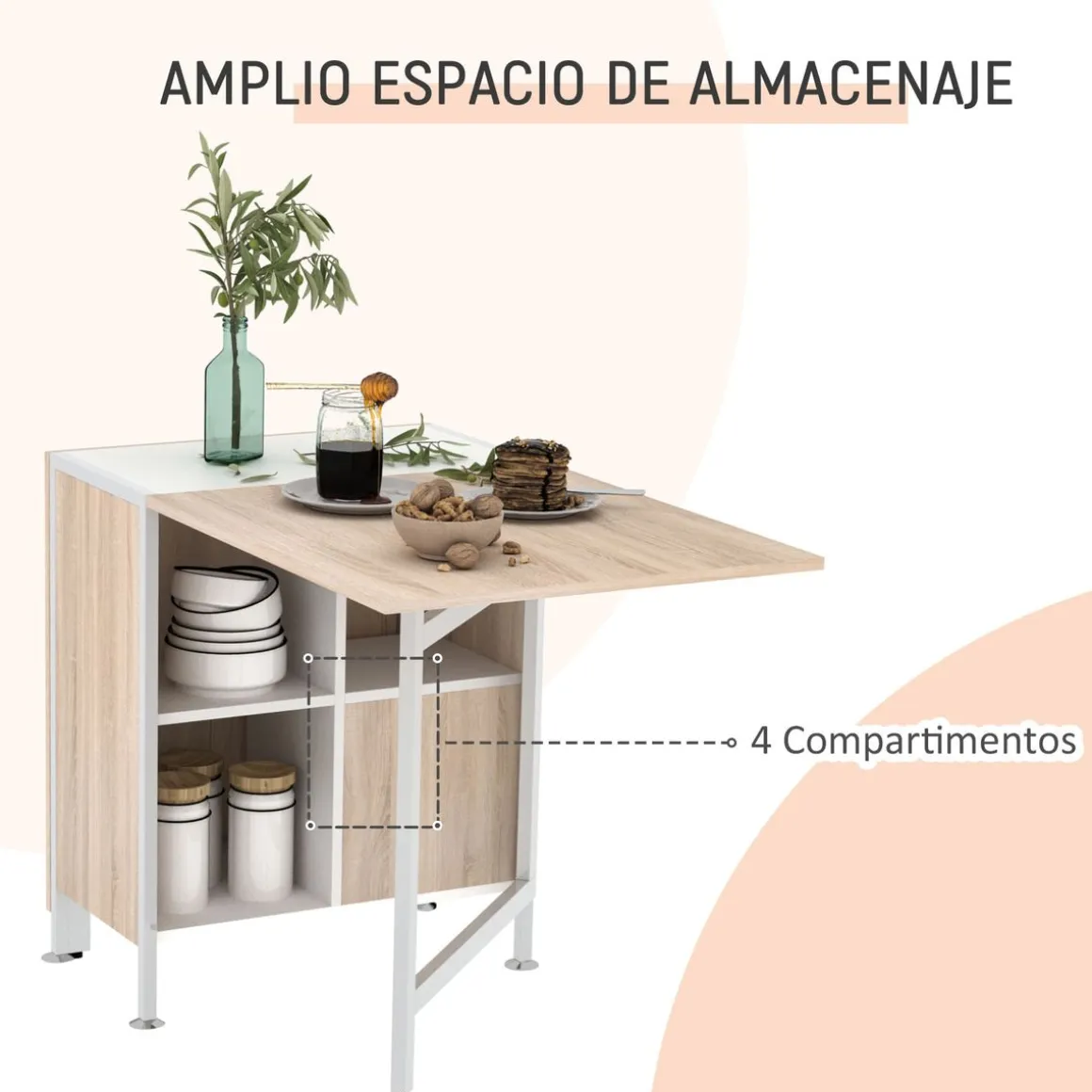 Mesa de comedor Nairobi Homcom plegable 4 estantes blanco/natural 75x169x60 cm