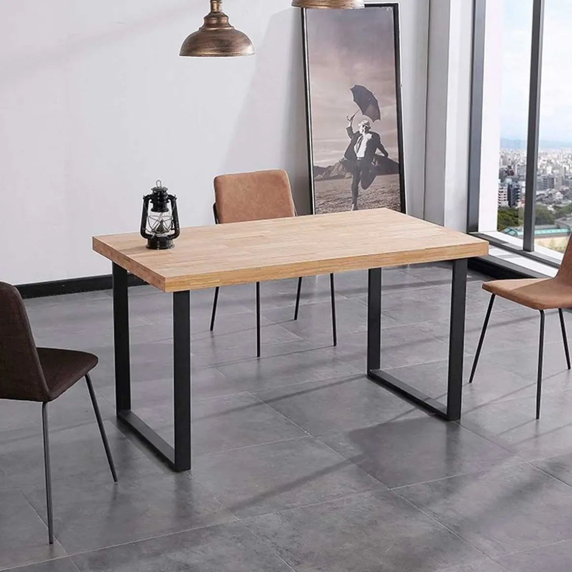 Mesa de comedor Natural patas en U madera de roble sostenible 76,5x140x80 cm