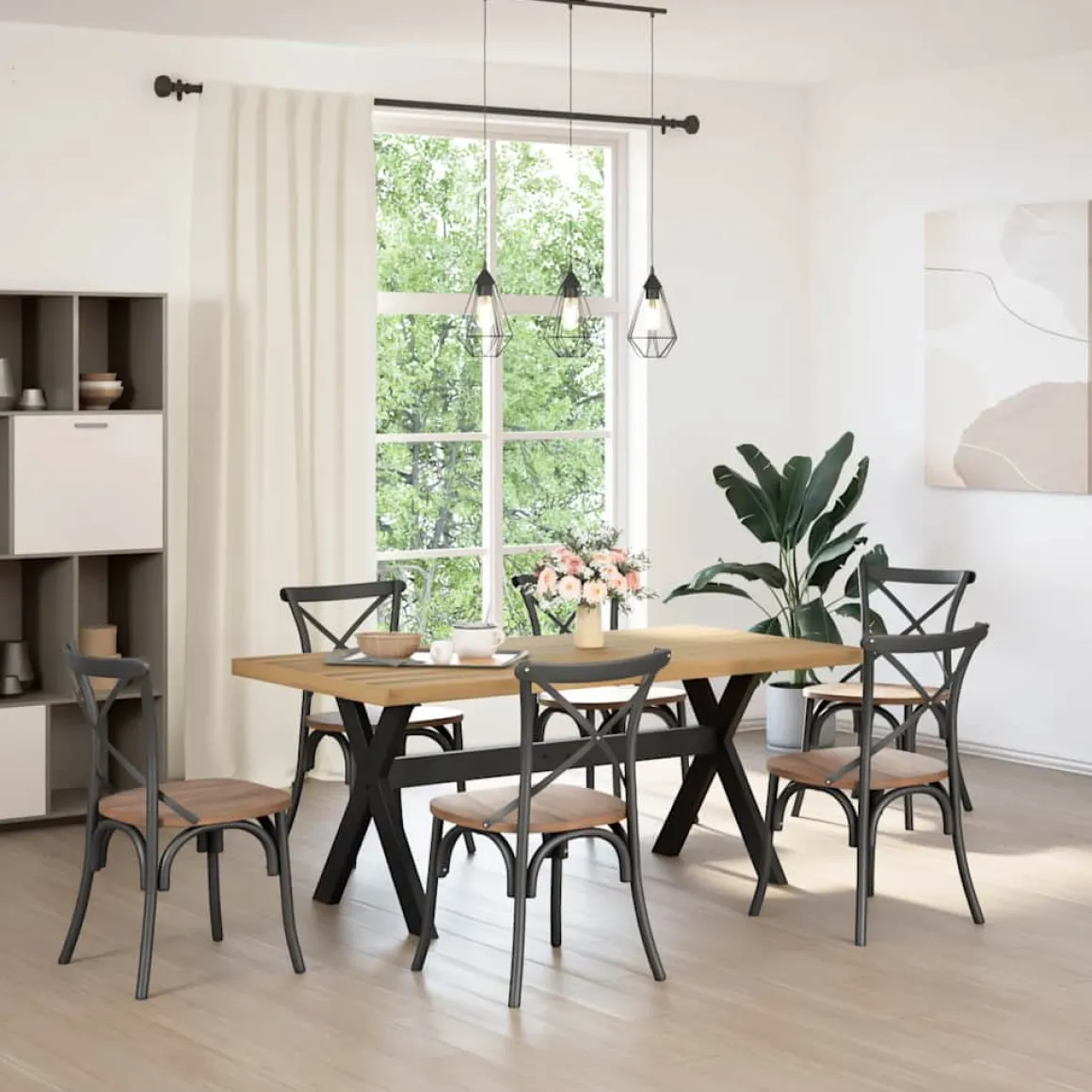 Mesa de comedor Noain diseño X madera de pino natural/negro 75x180x90 cm
