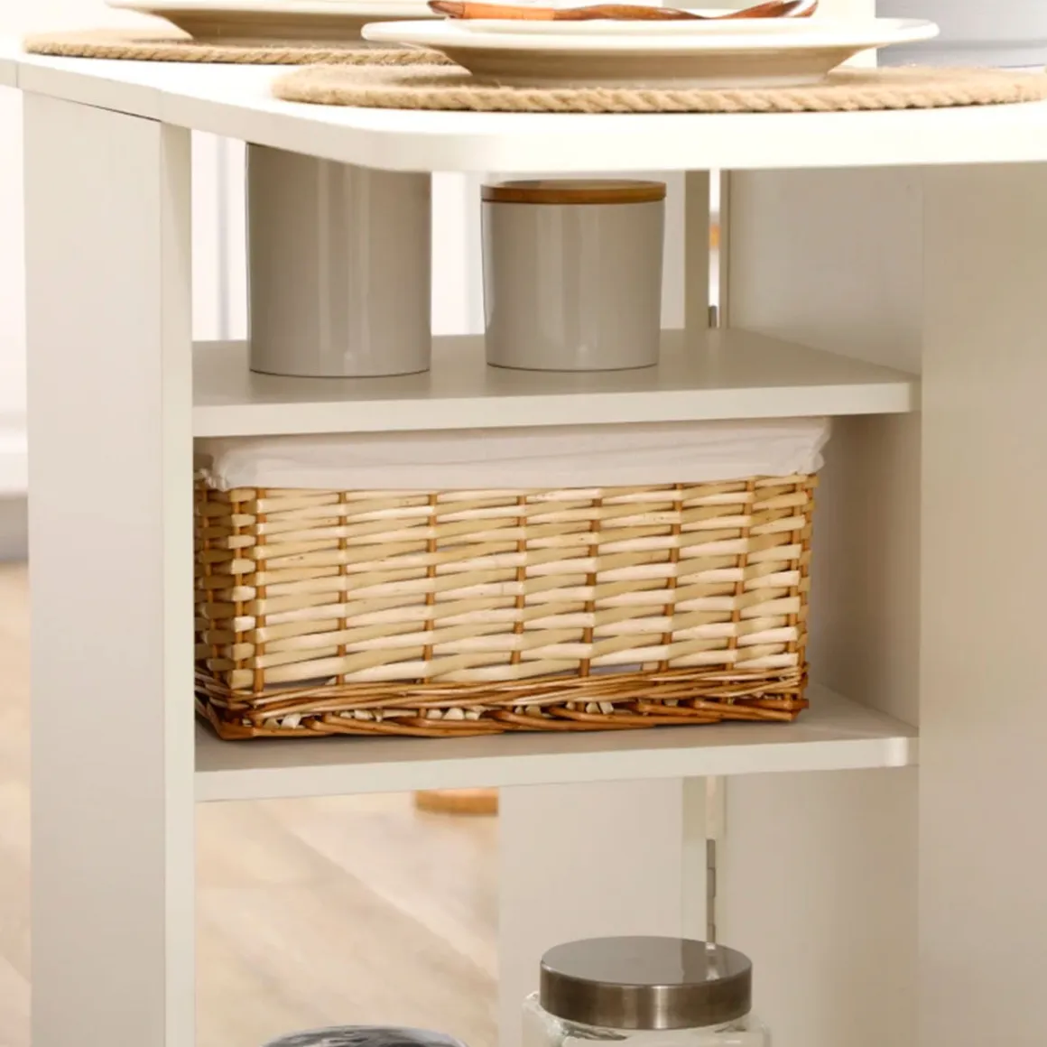 Mesa de comedor Oke Homcom plegable 2 cajones + 1 armario + ruedas blanco 75x35-120x80 cm