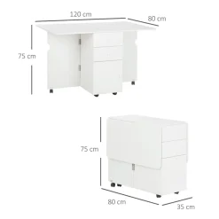 Mesa de comedor Oke Homcom plegable 2 cajones + 1 armario + ruedas blanco 75x35-120x80 cm