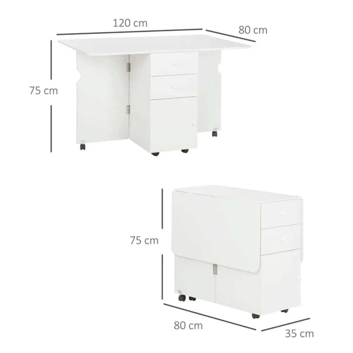 Mesa de comedor Oke Homcom plegable 2 cajones + 1 armario + ruedas blanco 75x35-120x80 cm