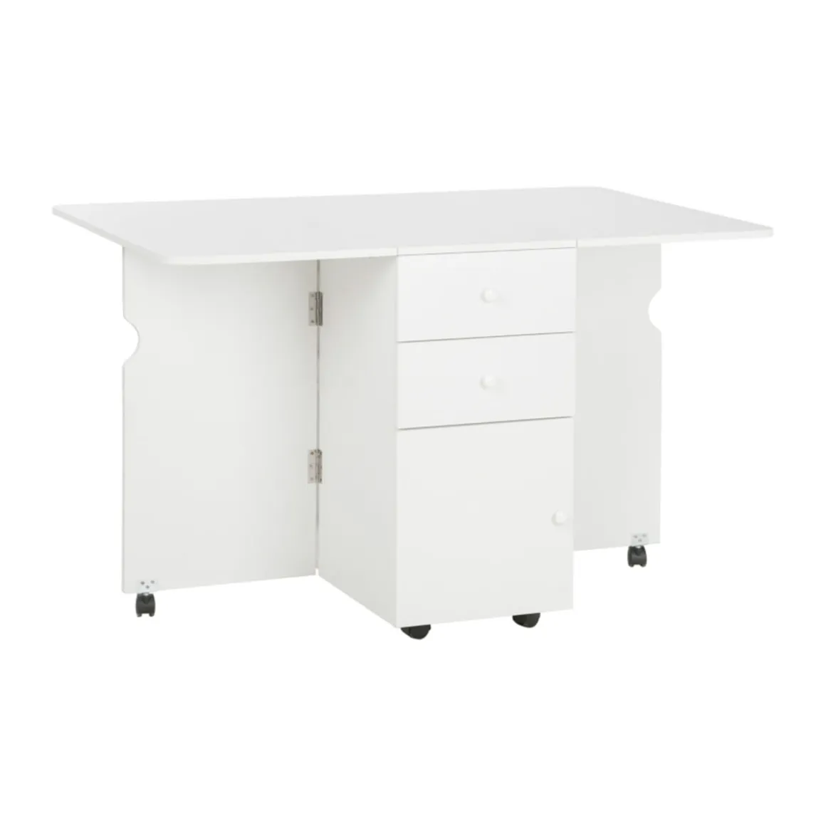 Mesa de comedor Oke Homcom plegable 2 cajones + 1 armario + ruedas blanco 75x35-120x80 cm