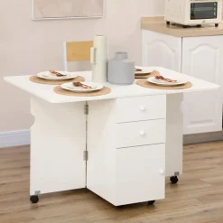 Mesa de comedor Oke Homcom plegable 2 cajones + 1 armario + ruedas blanco 75x35-120x80 cm