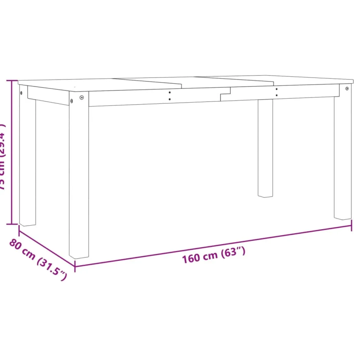 Mesa de comedor Panamá madera maciza de pino 75x160x80 cm