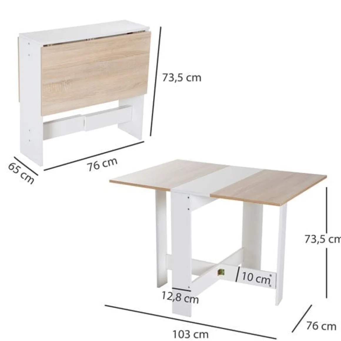 Mesa de comedor plegable Homcom 2 alas abatibles roble/blanco 73,5x103x76 cm