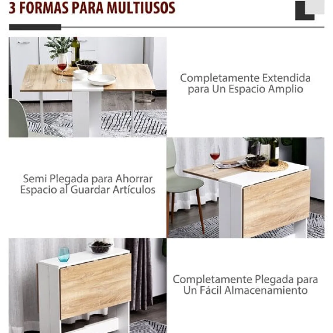 Mesa de comedor plegable Homcom 2 alas abatibles roble/blanco 73,5x103x76 cm