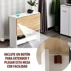 Mesa de comedor plegable Homcom 2 alas abatibles roble/blanco 73,5x103x76 cm