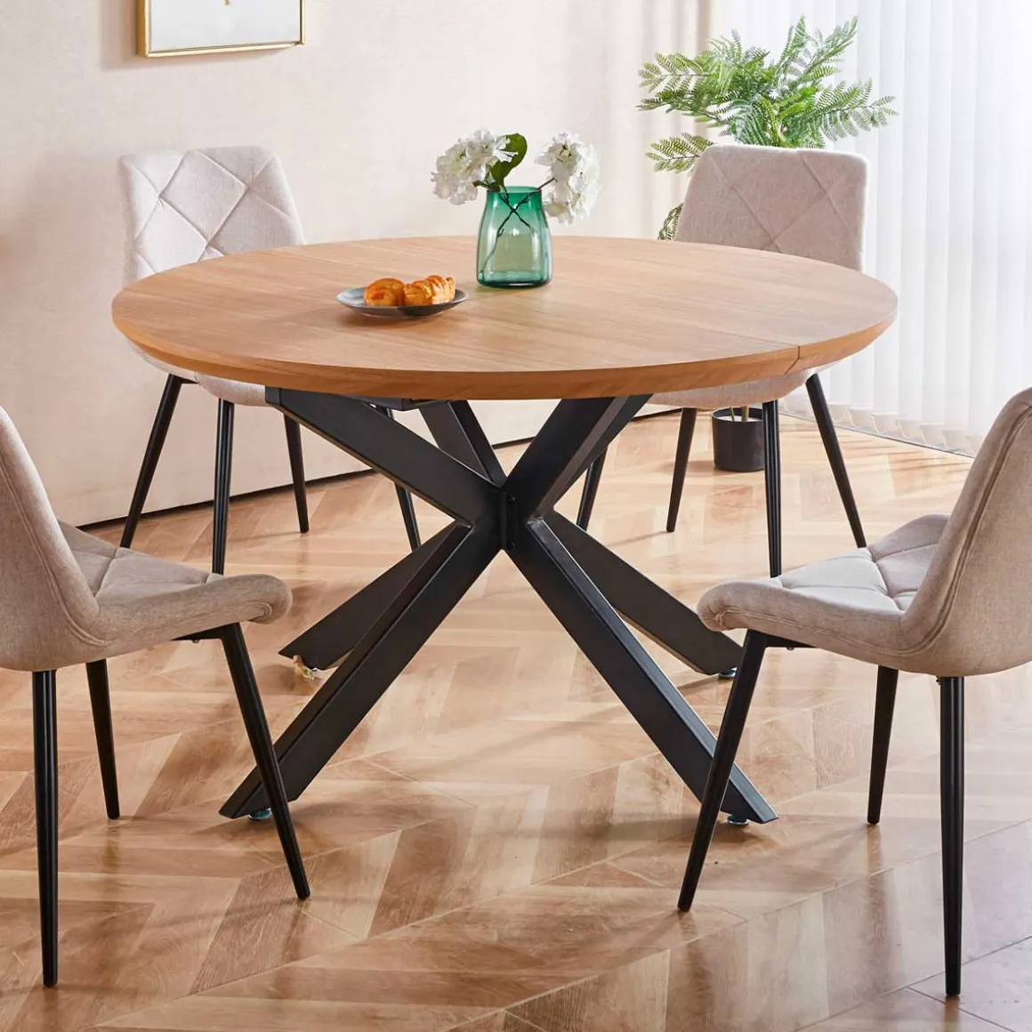 Mesa de comedor redonda extensible Cross natural/negro 76x130-170-210x130 cm