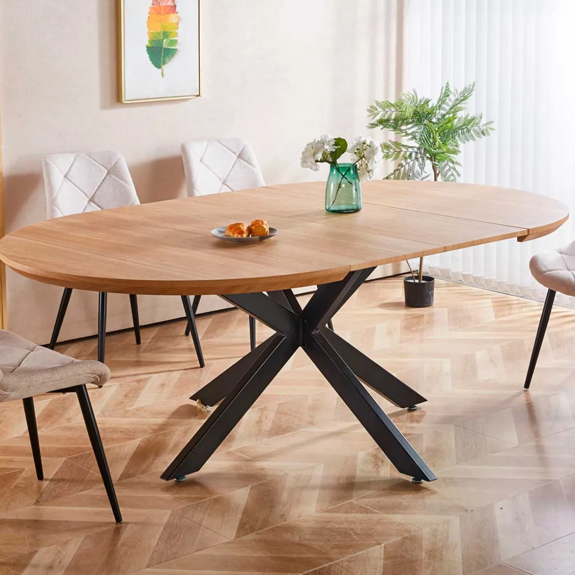 Mesa de comedor redonda extensible Cross natural/negro 76x130-170-210x130 cm