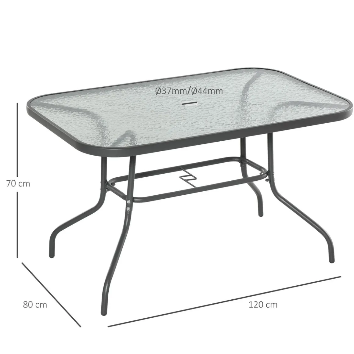 Mesa de cristal de jardín Outsunny rectangular con agujero negro 70x120x80 cm