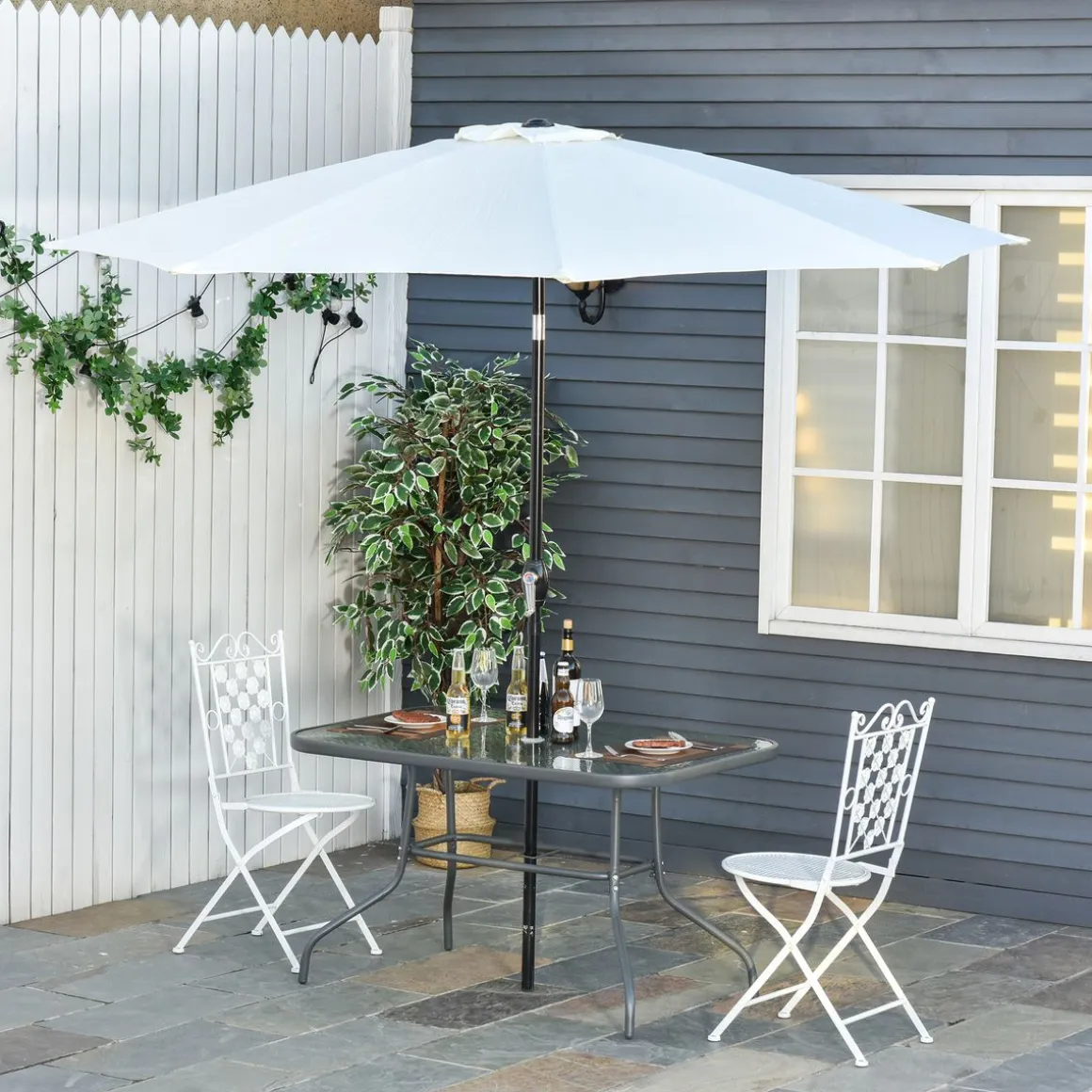 Mesa de cristal de jardín Outsunny rectangular con agujero negro 70x120x80 cm