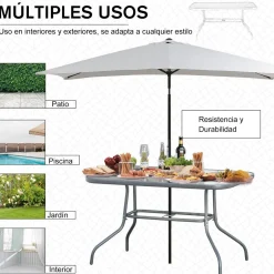 Mesa de cristal de jardín Outsunny rectangular con agujero negro 70x120x80 cm