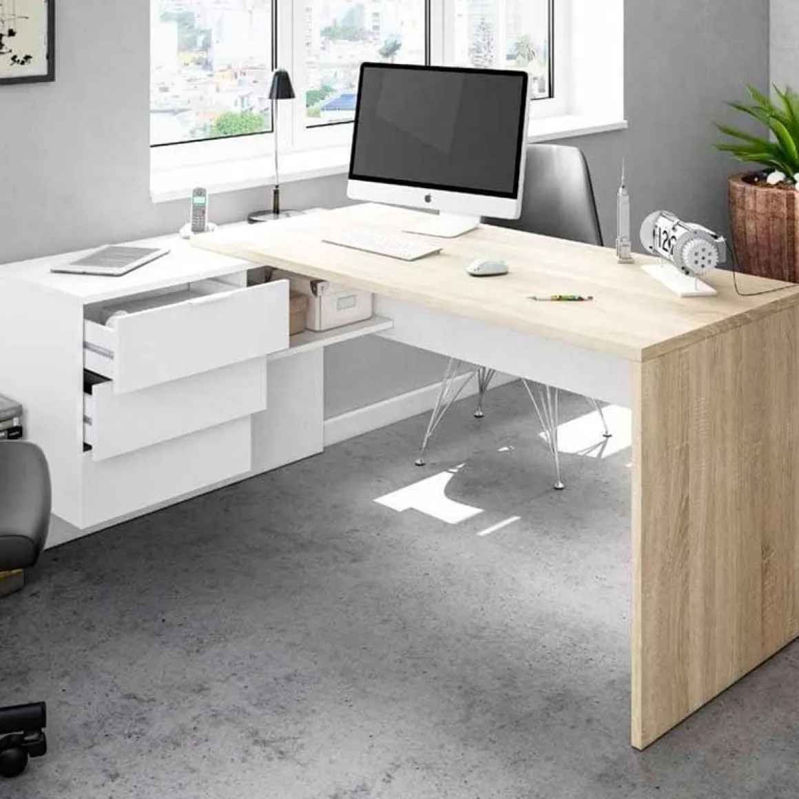 Mesa de despacho Style con cajonera blanco artik/roble 73x145x61,5 cm