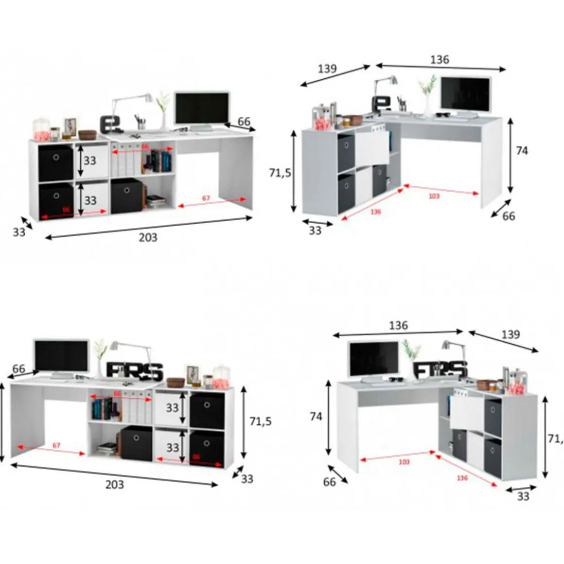 Mesa de escritorio Adapta 6 módulos blanco artik/cemento 74x136x66 cm