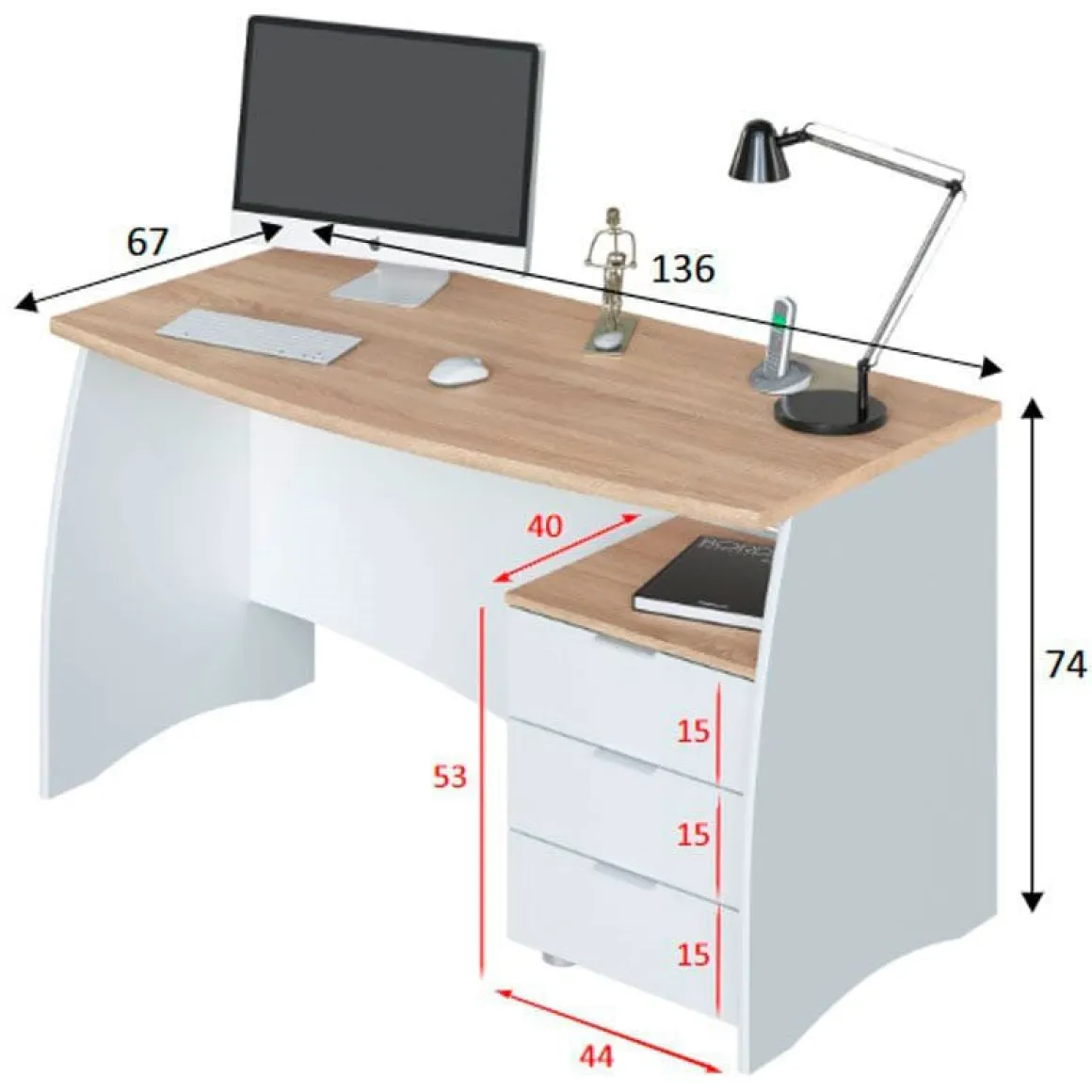 Mesa de escritorio Argón con cajonera blanco artik/roble 74x136x67 cm
