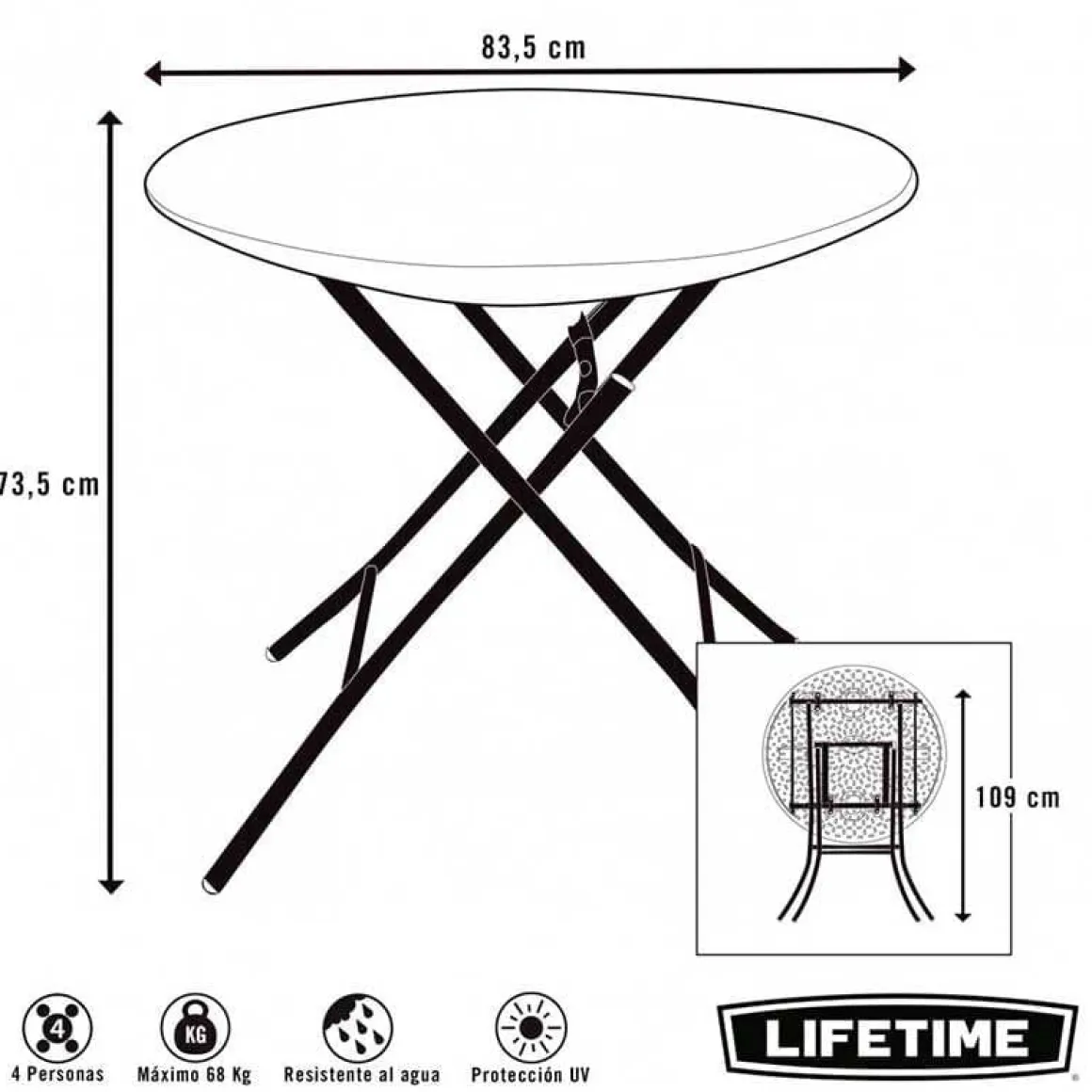 Mesa de exterior Lifetime plegable blanco Ø83,5x73,5 cm