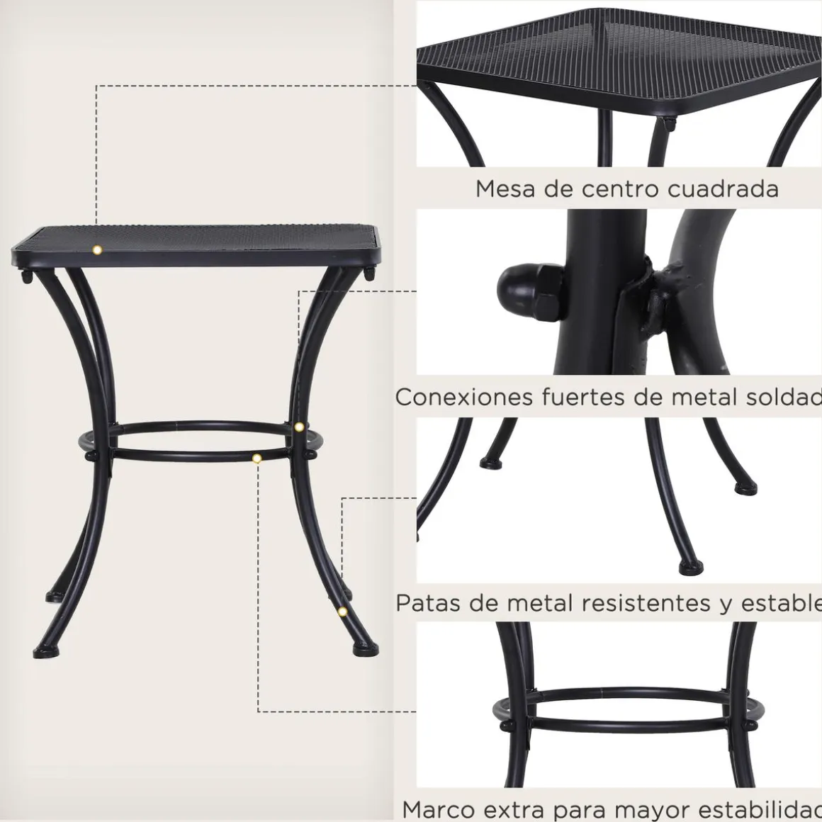 Mesa de jardín Castell Outsunny cuadrada negro 50x45x45 cm