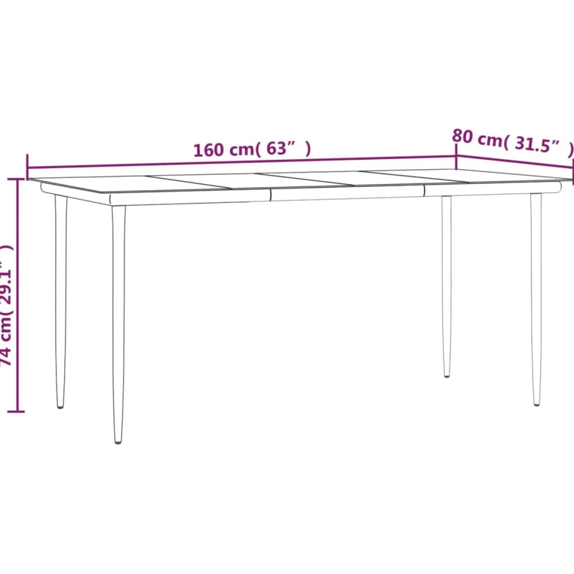 Mesa de jardín Guanajay rectangular acero y vidrio negro 74x160x80 cm