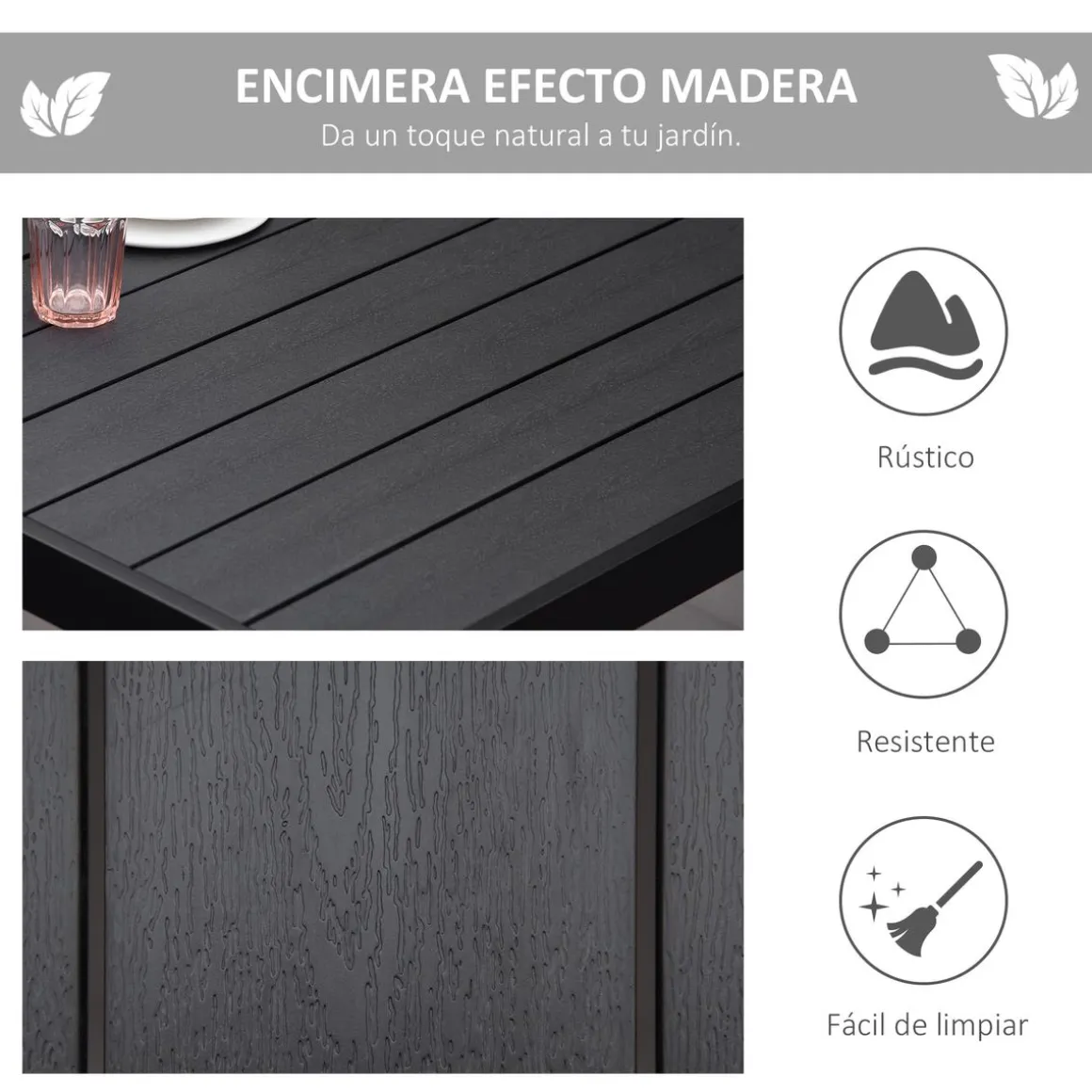 Mesa de jardín Kuma Outsunny 8 personas negro 74x190x90 cm