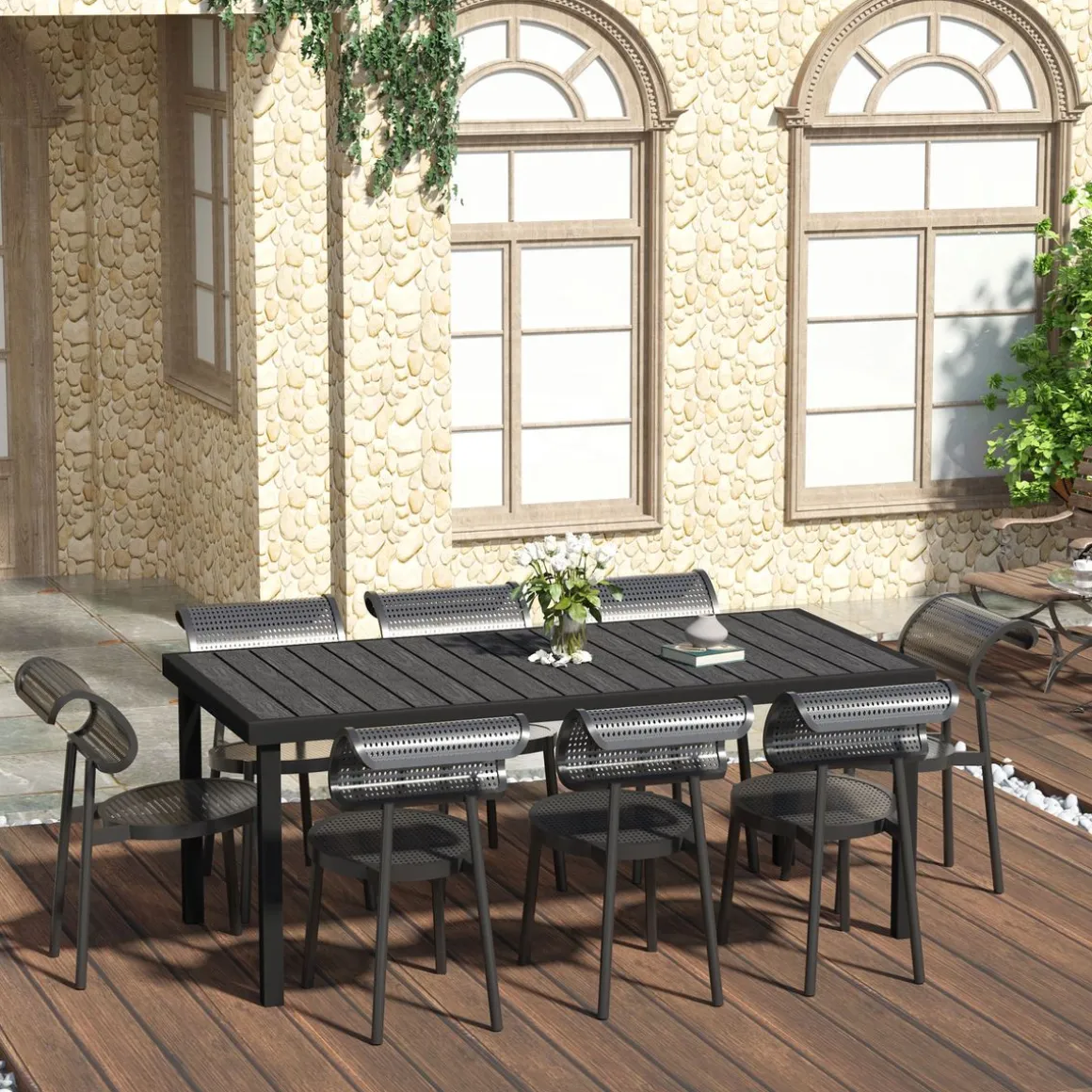 Mesa de jardín Kuma Outsunny 8 personas negro 74x190x90 cm