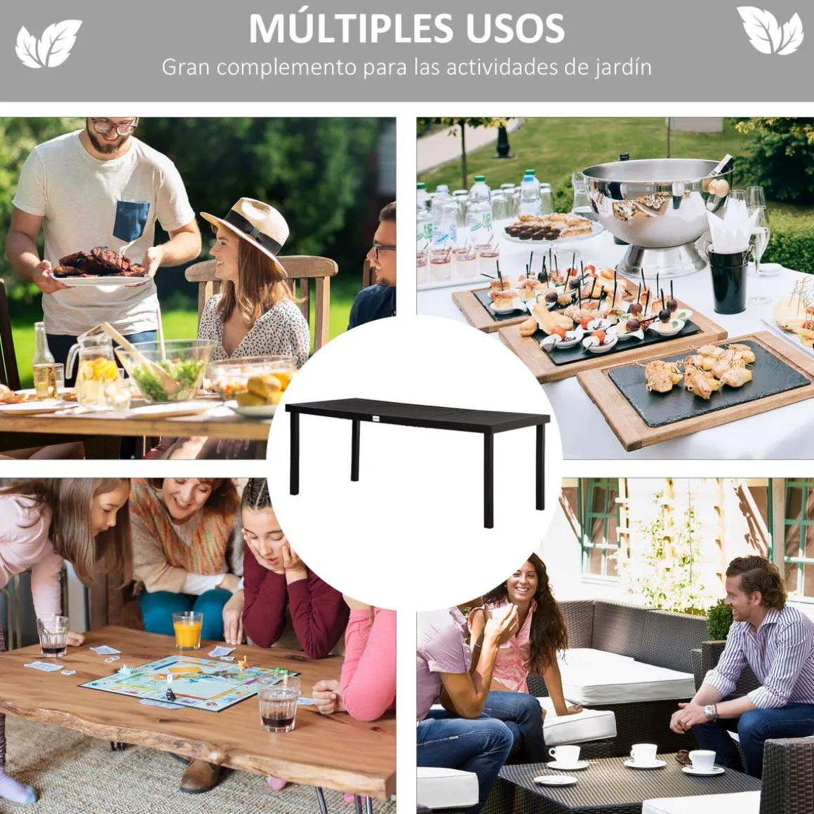 Mesa de jardín Kuma Outsunny 8 personas negro 74x190x90 cm