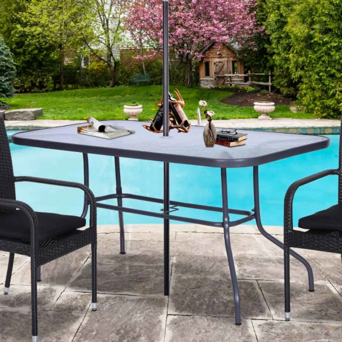Mesa de jardín Outsunny con orificio para sombrilla gris carbón 70x120x80 cm