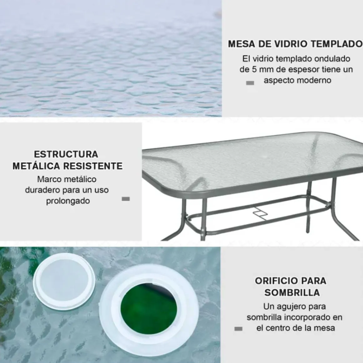 Mesa de jardín Outsunny con orificio para sombrilla gris carbón 70x120x80 cm