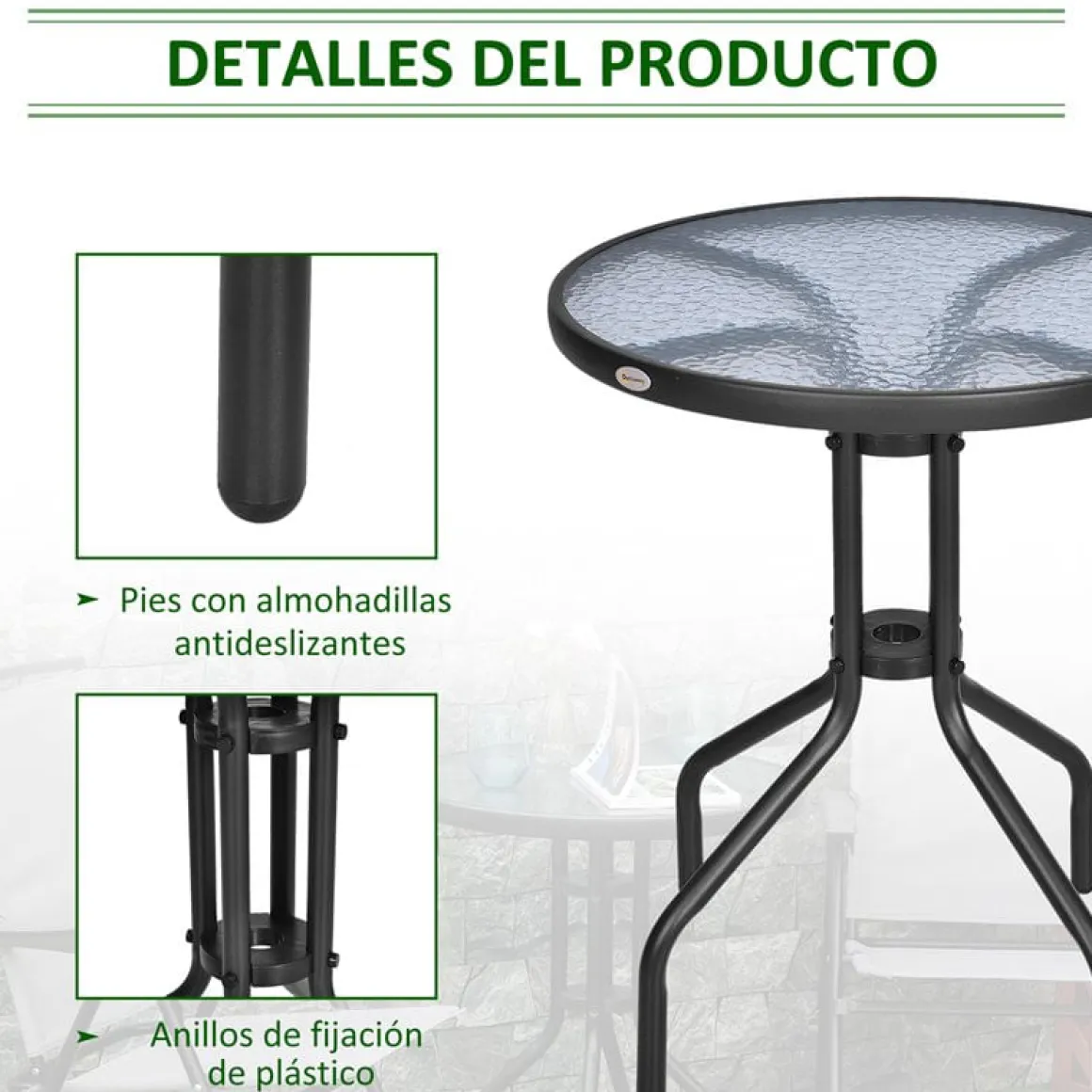 Mesa de jardín Outsunny redonda vidrio negro 60x70 cm