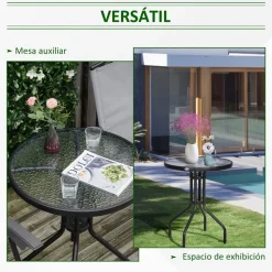 Mesa de jardín Outsunny redonda vidrio negro 60x70 cm