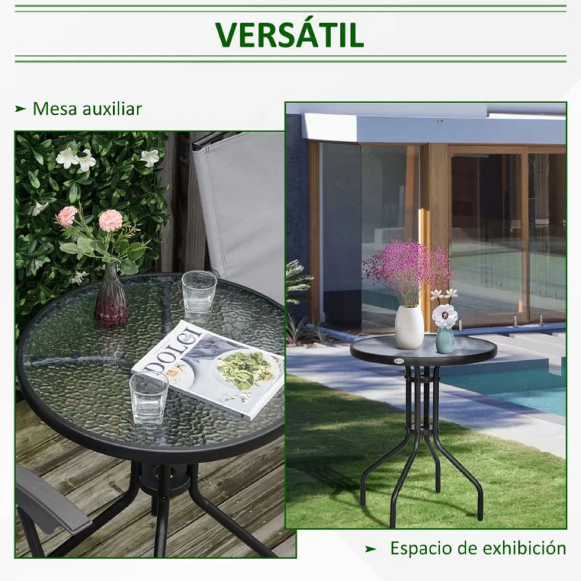 Mesa de jardín Outsunny redonda vidrio negro 60x70 cm