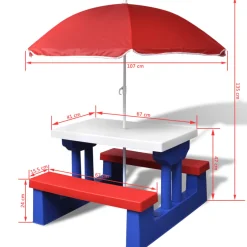 Mesa de picnic infantil con sombrilla multicolor