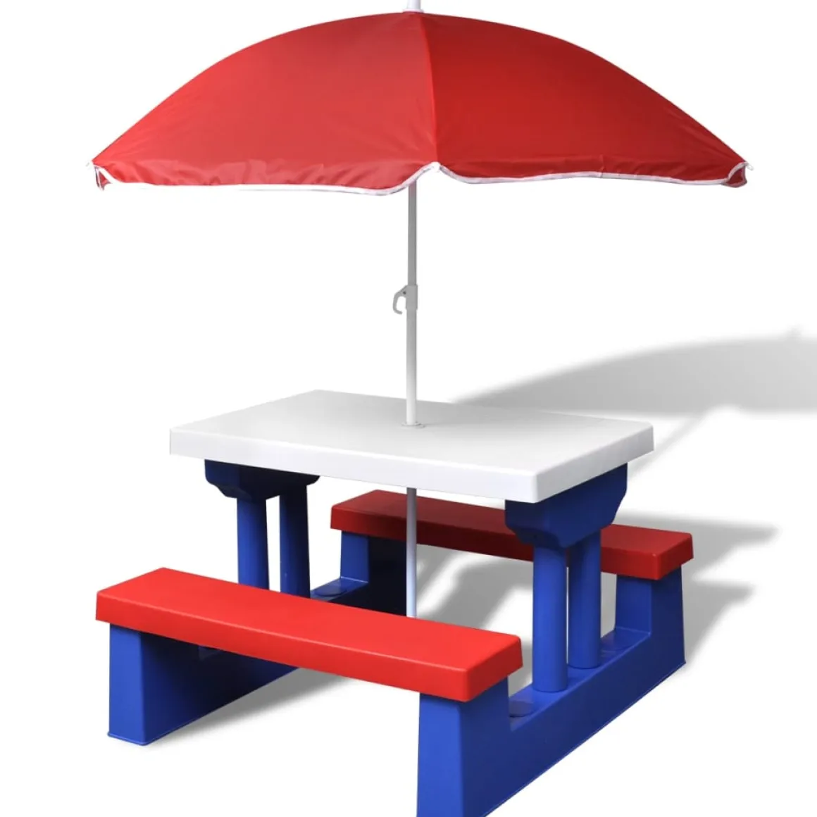 Mesa de picnic infantil con sombrilla multicolor