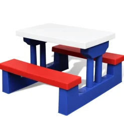 Mesa de picnic infantil con sombrilla multicolor