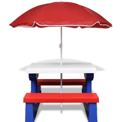 Mesa de picnic infantil con sombrilla multicolor