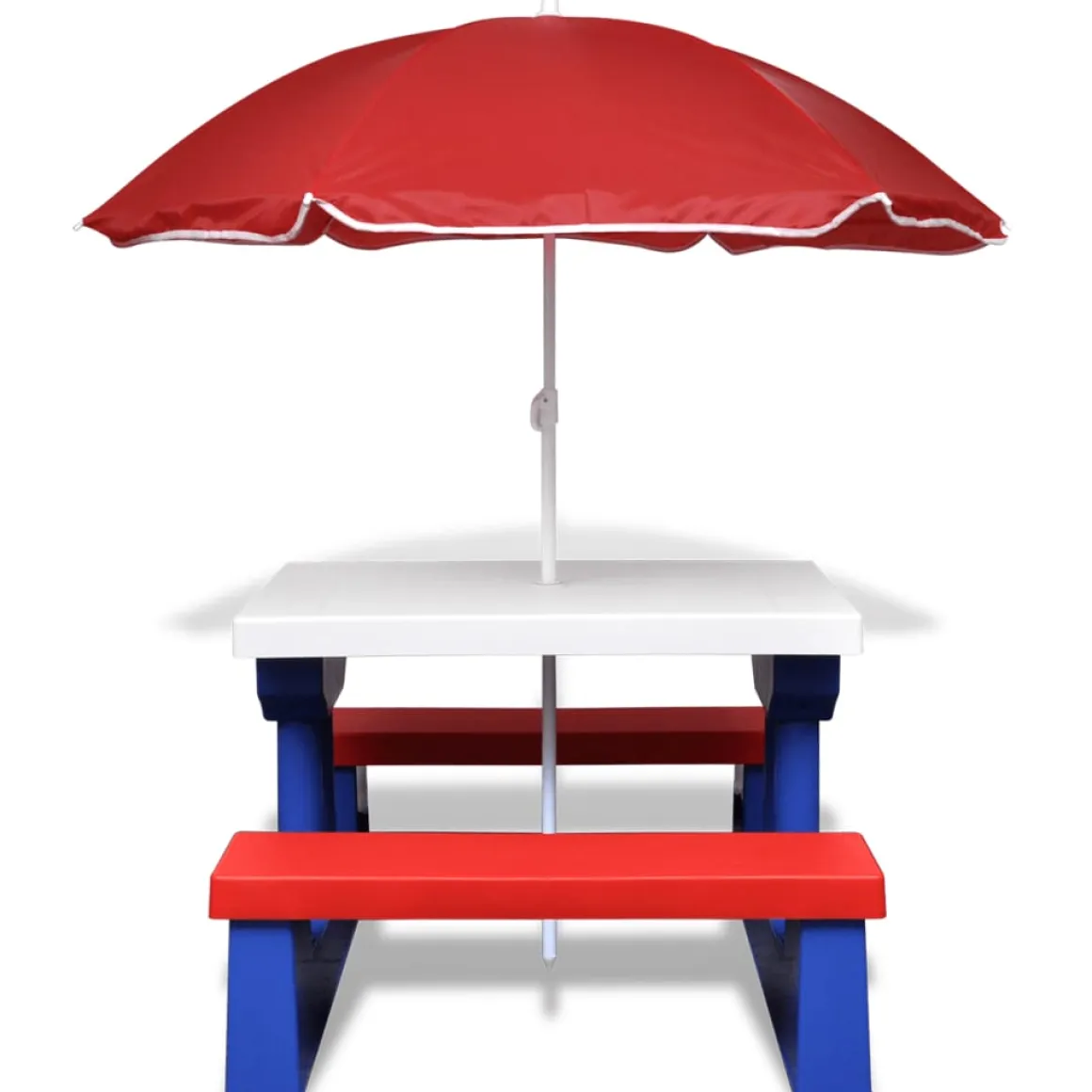 Mesa de picnic infantil con sombrilla multicolor