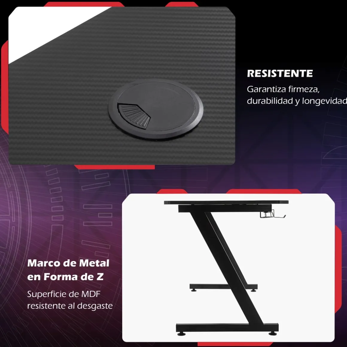 Mesa gaming Fenix Homcom portavasos + gancho + pies ajustables negro 74,5x120x65 cm