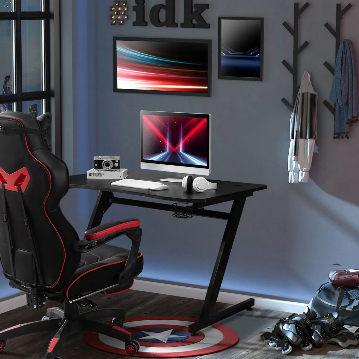 Mesa gaming Fenix Homcom portavasos + gancho + pies ajustables negro 74,5x120x65 cm