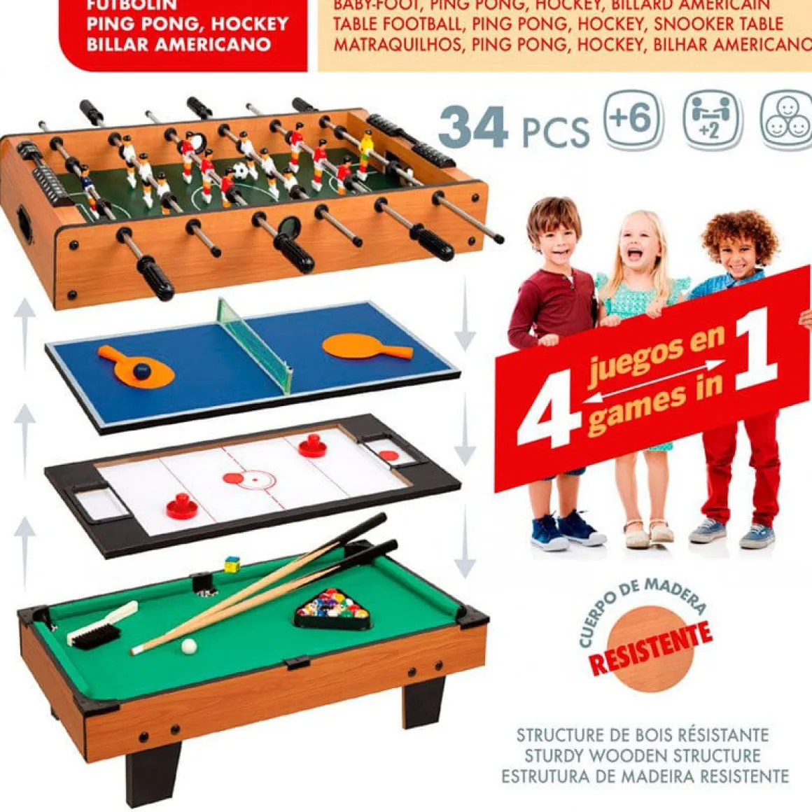 Mesa multijuegos CB Games 4 en 1 34 accesorios +6A marrón 28,5x89x42,5 cm