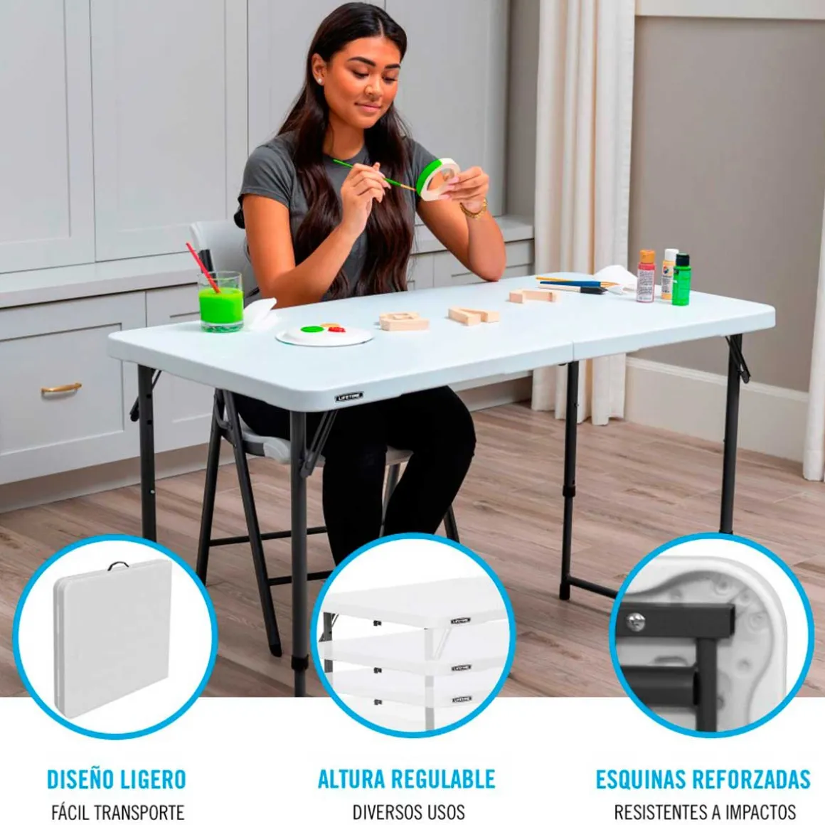 Mesa multiusos Lifetime plegable 4 alturas blanco 56-91,5x122x61 cm