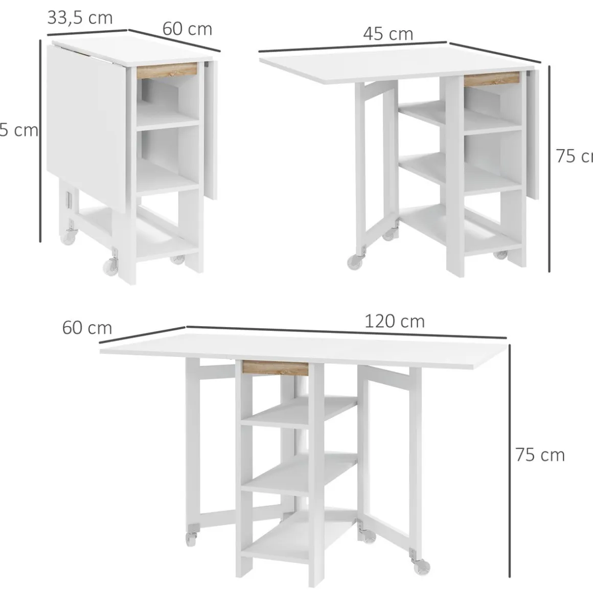 Mesa plegable Yves Homcom alas abatibles + 3 estantes blanco 75x120x60 cm