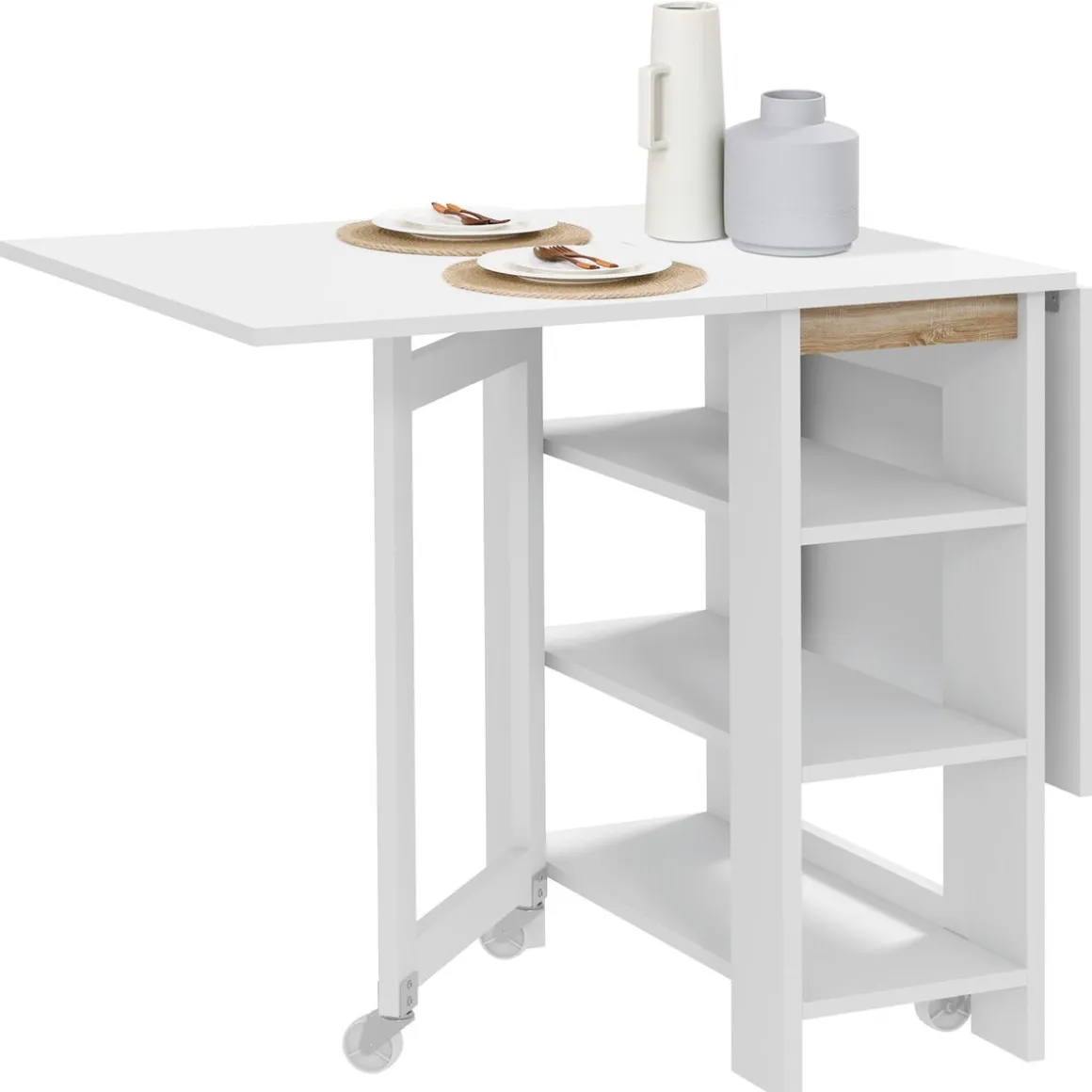 Mesa plegable Yves Homcom alas abatibles + 3 estantes blanco 75x120x60 cm