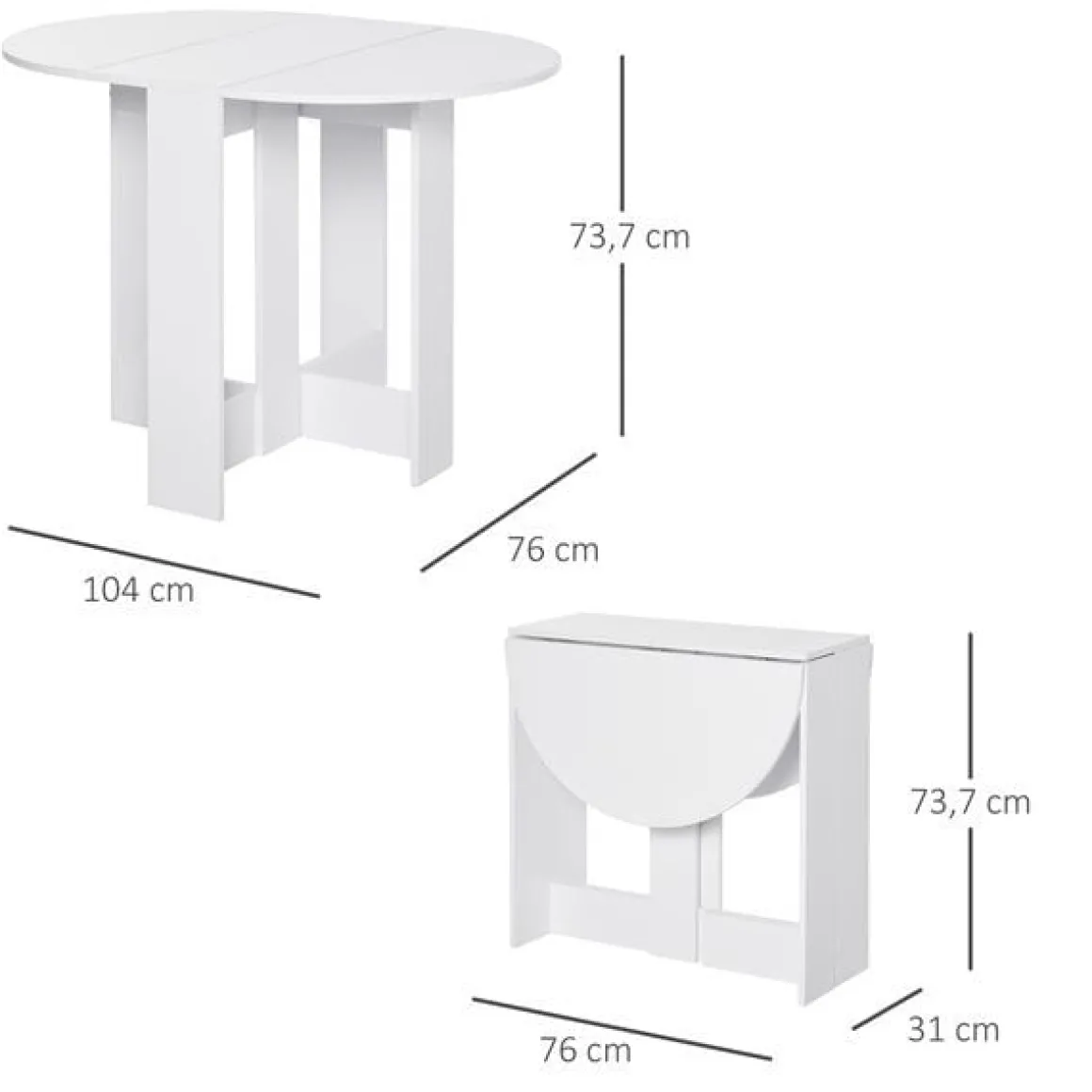 Mesa redonda de comedor Homcom plegable 2 alas abatibles blanco 73,7x76x31 cm