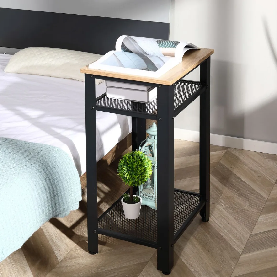 Mesita auxiliar Lena Homcom 2 estantes natural/negro 75x45x35 cm