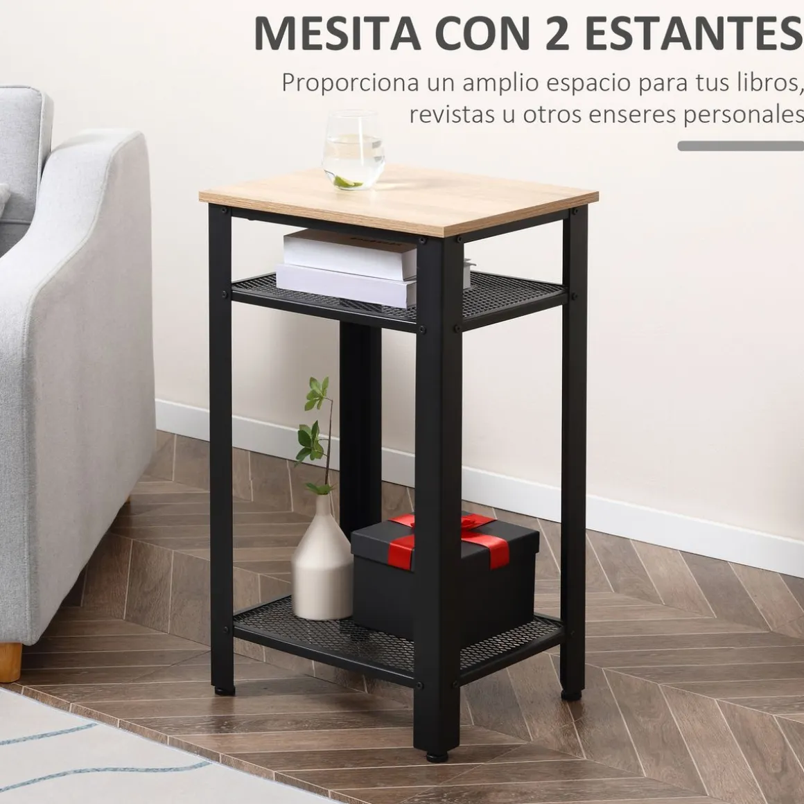 Mesita auxiliar Lena Homcom 2 estantes natural/negro 75x45x35 cm
