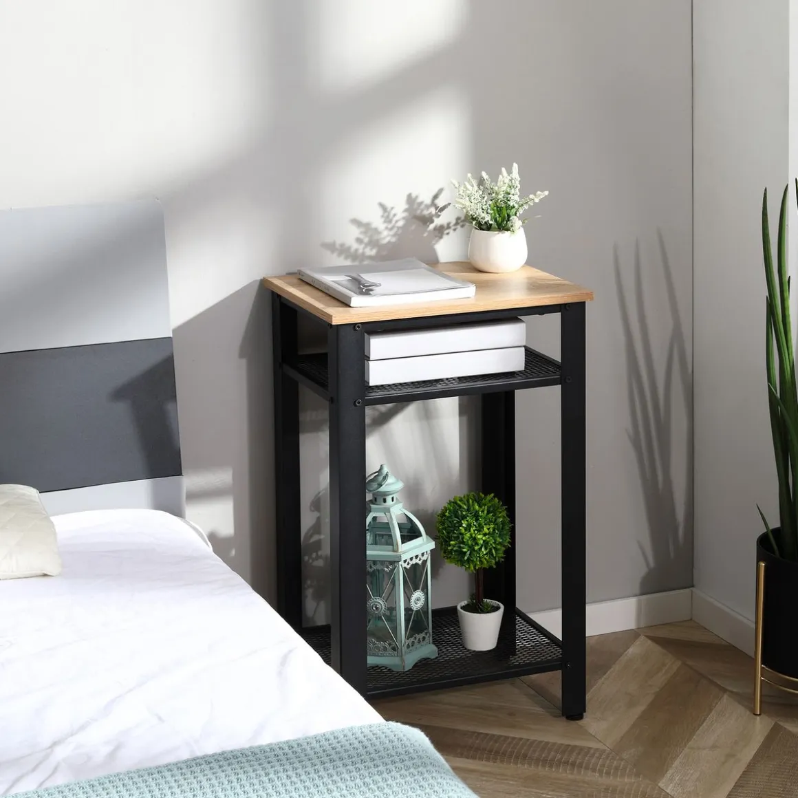 Mesita auxiliar Lena Homcom 2 estantes natural/negro 75x45x35 cm