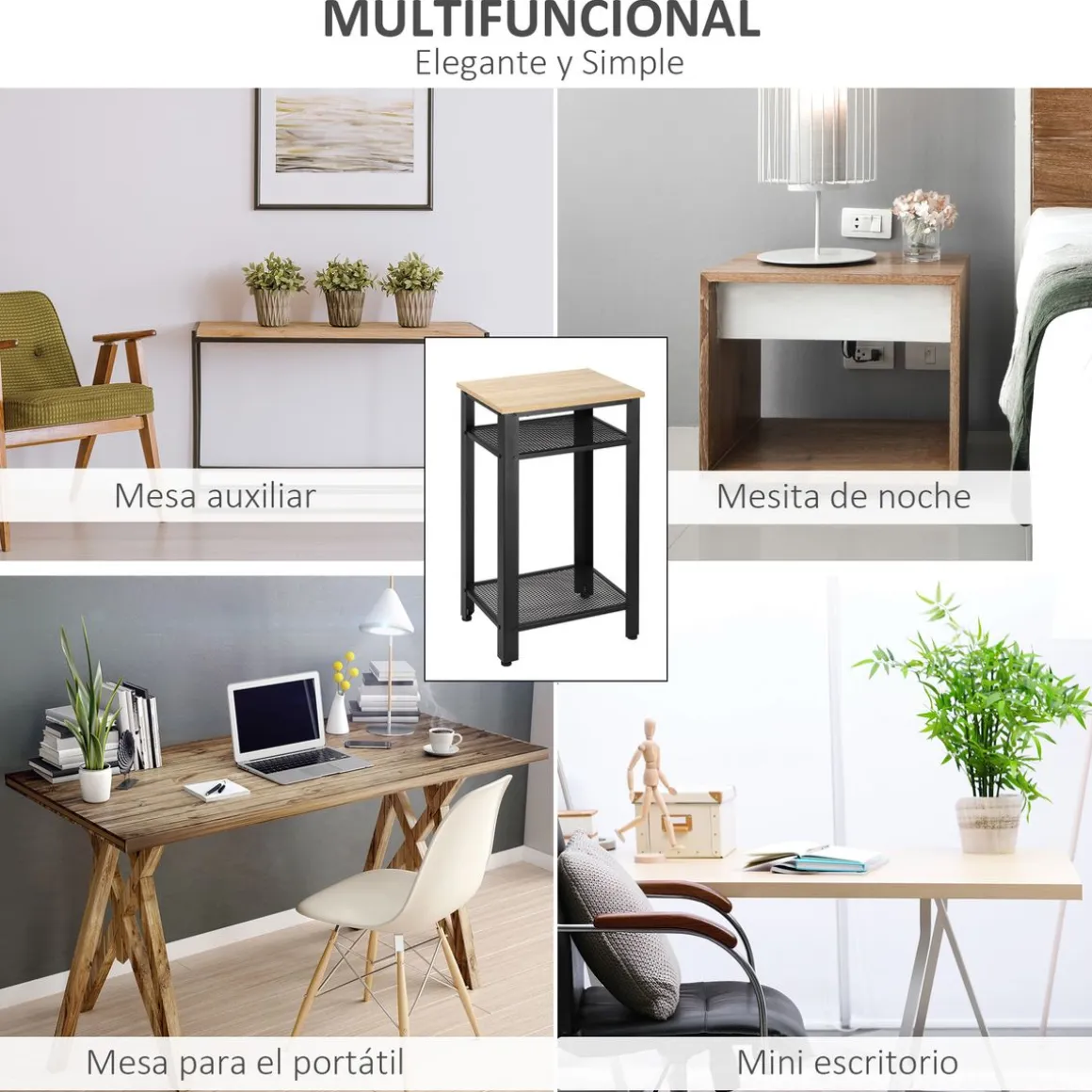 Mesita auxiliar Lena Homcom 2 estantes natural/negro 75x45x35 cm