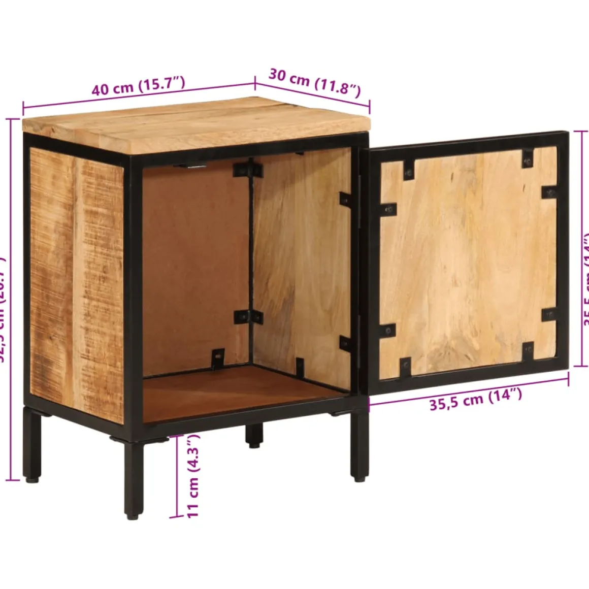 Mesita de noche Areca armario con pomo madera de mango natural 52,5x40x30 cm