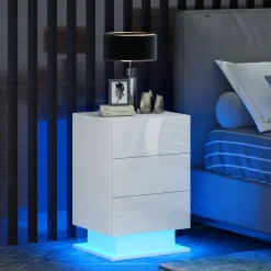 Mesita de noche Aura Homcom luz LED con 3 cajones blanco 60x40x35 cm