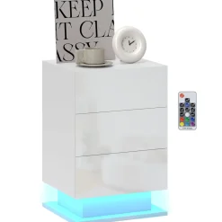 Mesita de noche Aura Homcom luz LED con 3 cajones blanco 60x40x35 cm